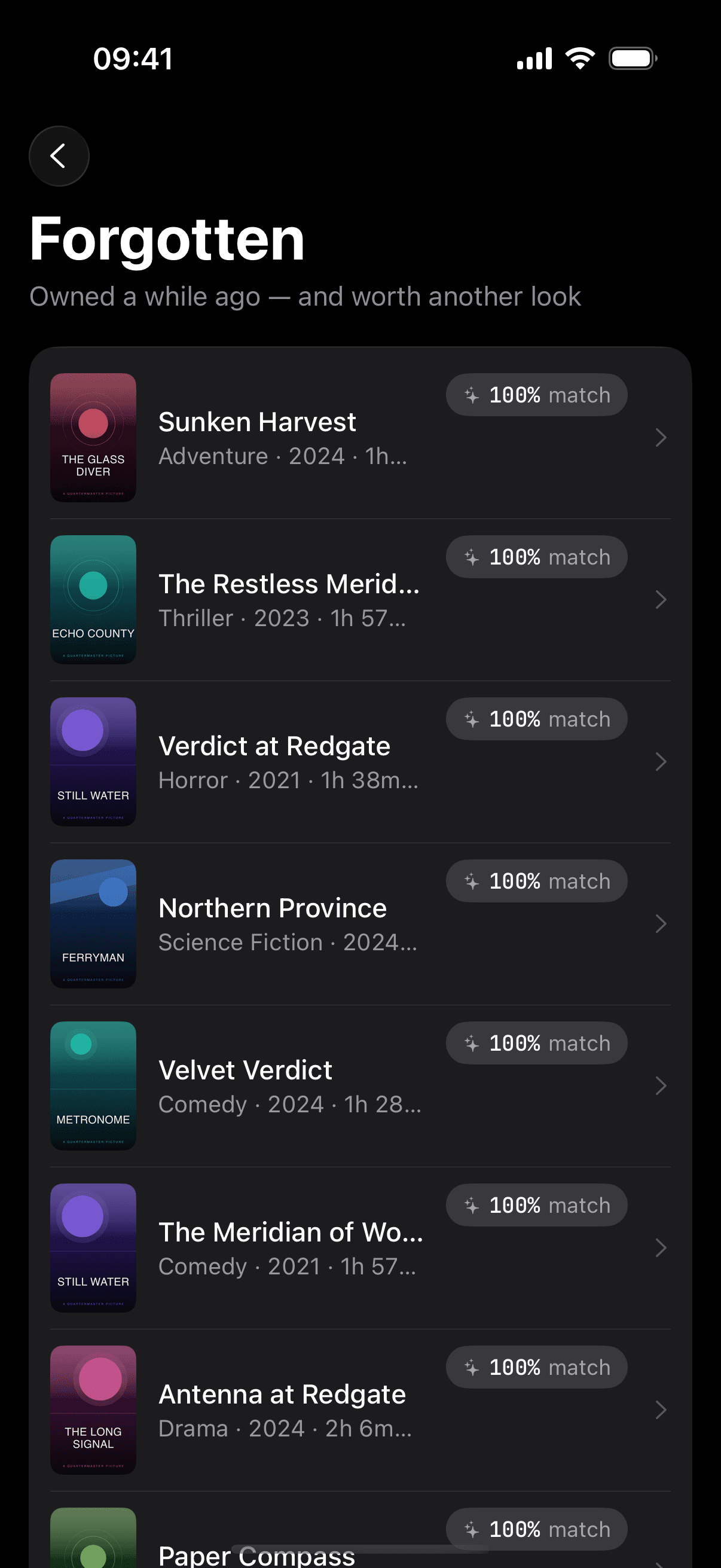 Forgotten: 'Owned a while ago — and worth another look' list of fictional titles (Sunken Harvest, The Restless Meridian, Verdict at Redgate, Northern Province, Velvet Verdict) each with a 100% taste match badge.