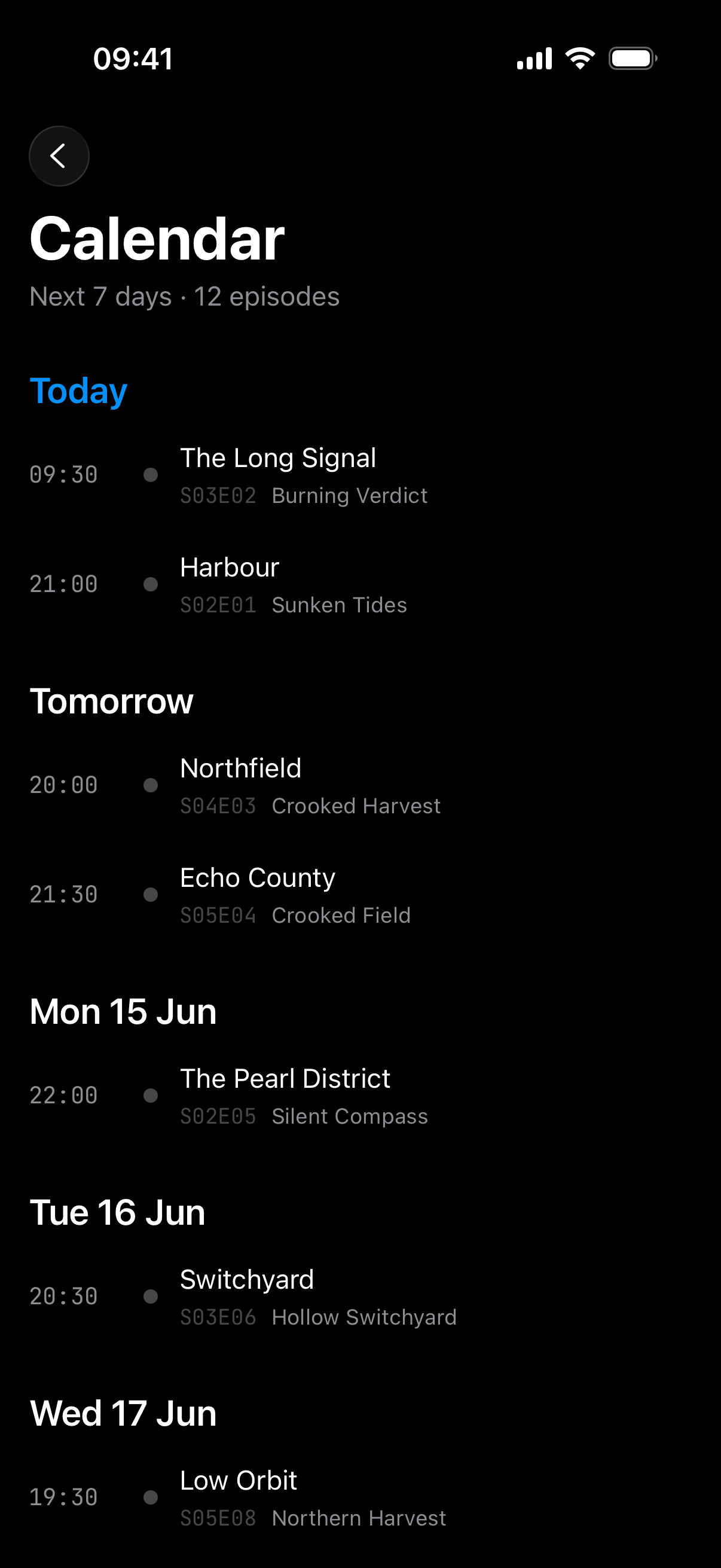 Sonarr Calendar: a 7-day agenda of upcoming episodes with leading day headers and Today highlighted.